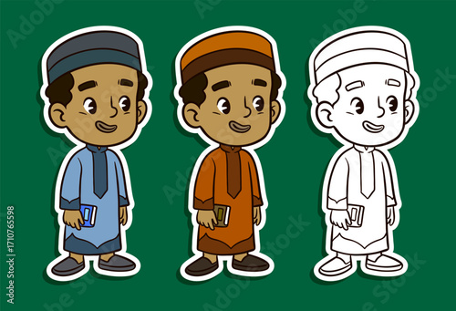 Muslim student holding book standing sticker illustration