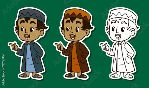 Muslim boy pointing and talking sticker illustration