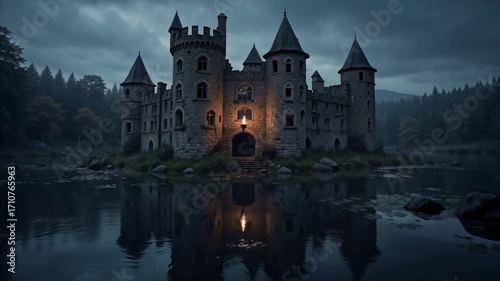 Medieval castle standing beside calm lake