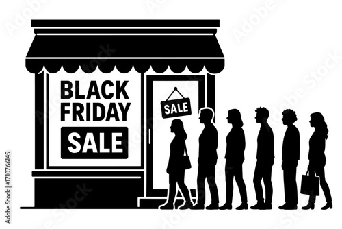 Black Friday Sale with People Queuing Outside Store - Consumerism Concept