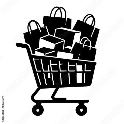 Shopping Cart Overflowing with Shopping Bags and Boxes - Consumerism Icon
