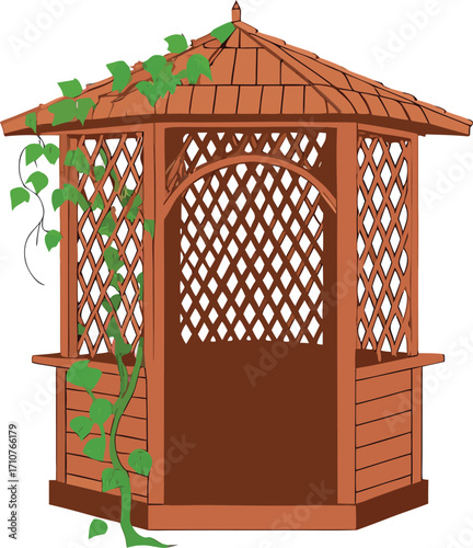 Wooden gazebo with climbing ivy brown green