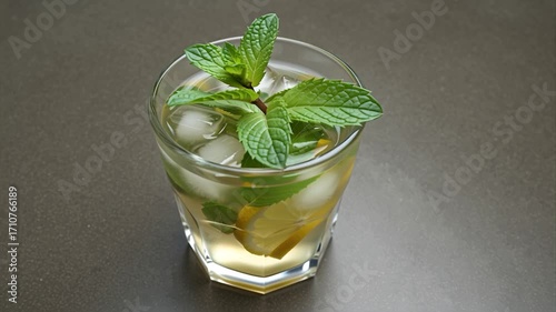Mint tea with ice in glass cup