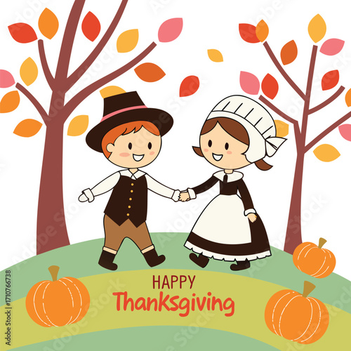 Cartoon pilgrims holding hands with pumpkins and autumn trees