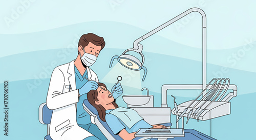 Dentist performing examination on patient in modern dental clinic with bright overhead light and equipment.