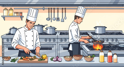 Chefs preparing food in a professional kitchen with modern equipment and ingredients