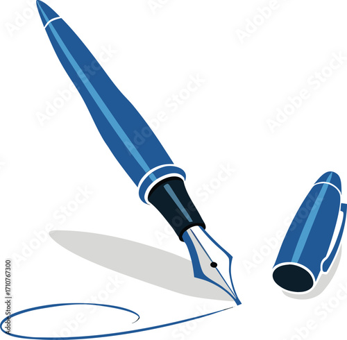 Blue fountain pen with cap and ink stroke writing