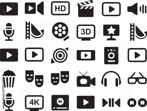 Comprehensive Multimedia Icon Set for Video Production and Audio Visual Projects with Play Buttons