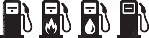 Gas Station Pump Icon Set for Fuel and Energy Industry Applications with Flame and Drop Symbols