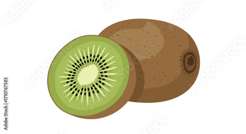 Fresh kiwi fruit slice and whole organic superfruit isolated on white background with vibrant green flesh and black seeds.