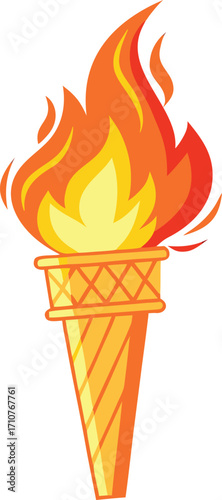 Flaming torch with orange and yellow flames and a patterned holder fire burning