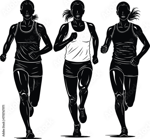 Athletic runners sprinting forward, dynamic motion, muscular definition, competitive race, fitness training, sportswear, teamwork, speed, endurance, black and white illustration