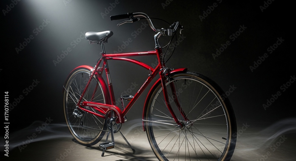 Fototapeta premium Vintage Red Bicycle Illuminated by Dramatic Spotlight in Moody Studio Setting.