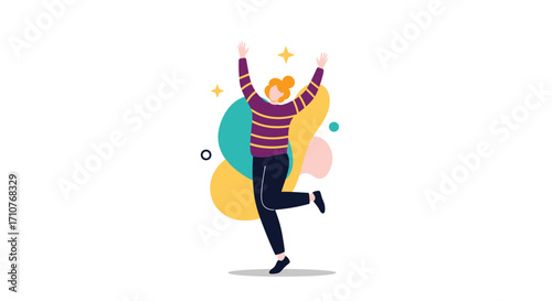 A person is celebrating with arms raised in excitement and joy, surrounded by colorful abstract shapes and sparkly accents.