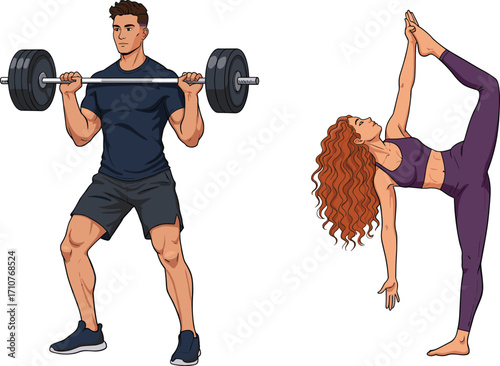 Man lifting barbell, woman doing yoga pose, fitness and wellness lifestyle, gym and flexibility workout concept – cad drawing flat vector illustration