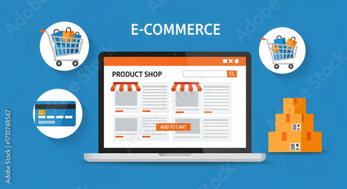E-commerce illustration showing shopping cart, credit card, and product display on laptop screen
