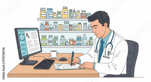 Doctor writing prescription at desk with computer and shelves of medicine bottles