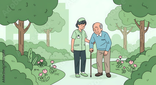 Caregiver assisting elderly man walking in park with flowers and trees