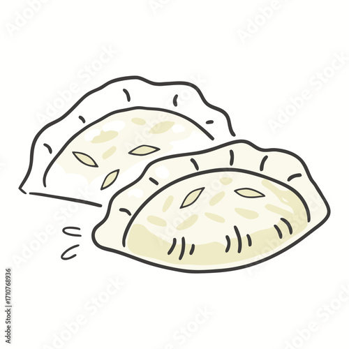 Two light yellow dumplings with dark outlines and filling details food asian