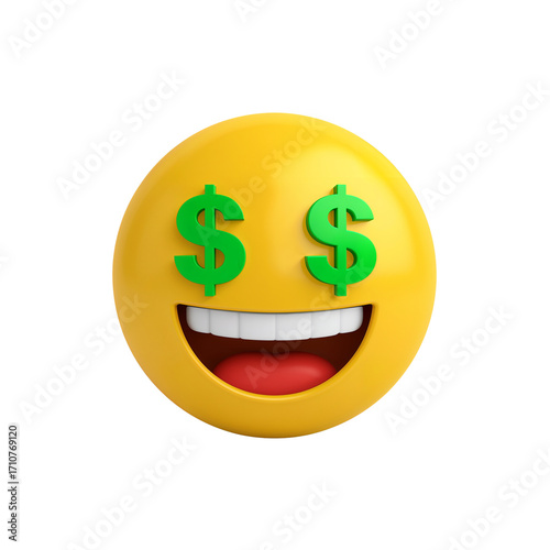 Money-Minded Emoji: A cheerful yellow face with dollar signs replacing the eyes on black background