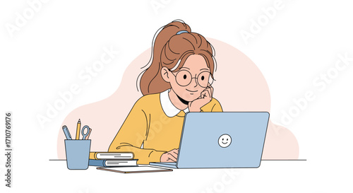 A young woman with glasses and a ponytail is studying on her laptop.