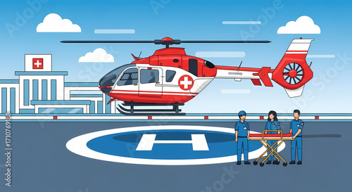 Emergency medical helicopter on hospital helipad with medical crew and stretcher