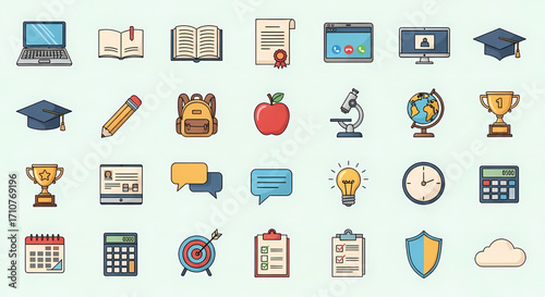 Education and learning icons in a flat design style