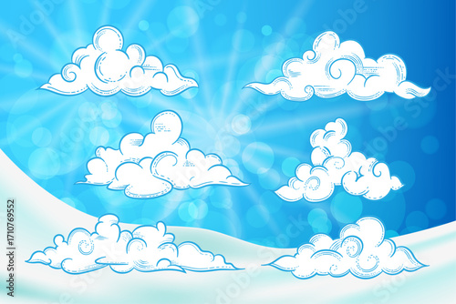 White cartoon clouds vector illustration on blue sky gradient background