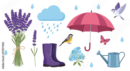 A collection of springtime and rainy day elements including lavender umbrellas and birds.