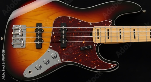 Close-up of a sunburst electric bass guitar with a tortoiseshell pickguard and maple fretboard.