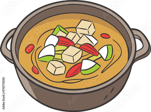 A warm bowl of curry with tofu and vegetables vector