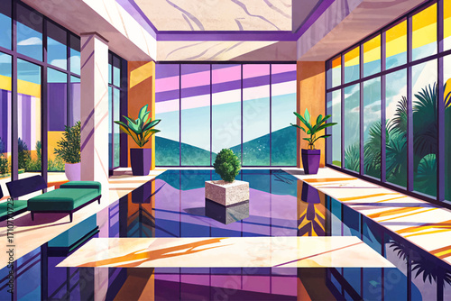 modern architectural interior vector design featuring tall glass windows, a polished marble floor, and bright daylight, ideal for office space concepts, contemporary artwork