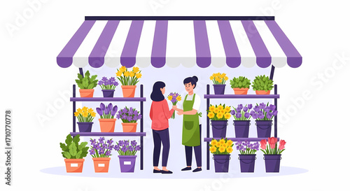 Florist helping customer choose flowers at outdoor flower stall