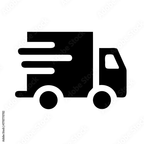 Minimalist black silhouette vector icon of a delivery truck with fast motion lines, symbolizing shipping, logistics, and express transportation, isolated on a transparent background