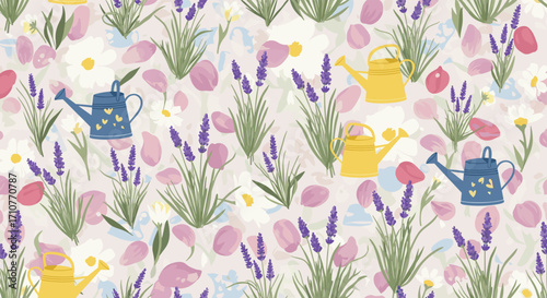 A whimsical garden filled with blooming lavender watering cans and delicate petals.