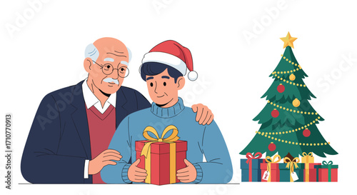 A grandfather and grandson share a special gift moment by the Christmas tree.