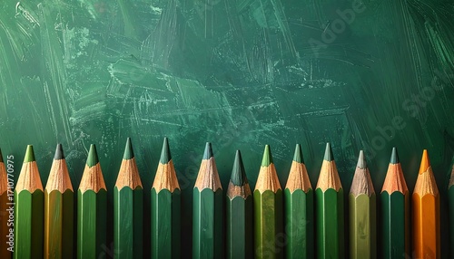 A collection of vibrant colored pencils arranged in a row against a textured teal backdrop, showcasing a spectrum of hues and shades.