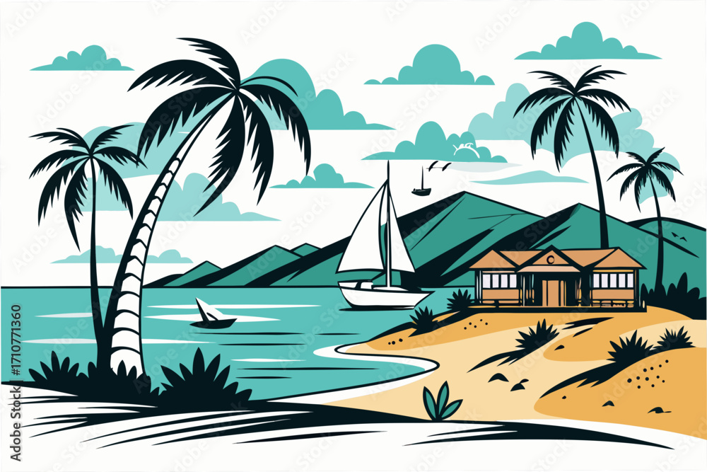 Obraz premium vector illustration of a tropical beach
