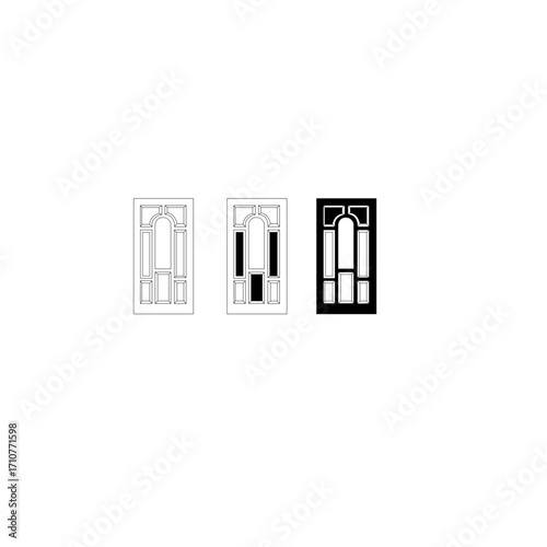 Three black and white vector illustrations of ornate Victorian-style doors with leaded glass panes.
