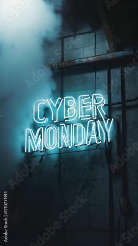 Bright blue Cyber Monday neon sign glowing in a smoky industrial setting.