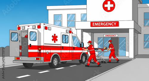 Paramedics transport patient on stretcher into hospital emergency entrance from ambulance.