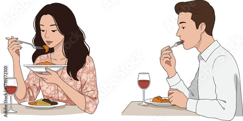 Cad Drawing Flat Vector Illustration of Couple Enjoying Dinner, Woman Eating Food with Wine, Man Having Meal, Modern Dining Scene, Casual Eating