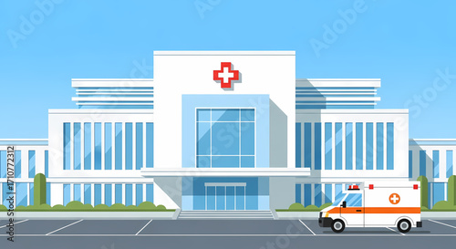 Modern Hospital Building with Ambulance in Parking Lot
