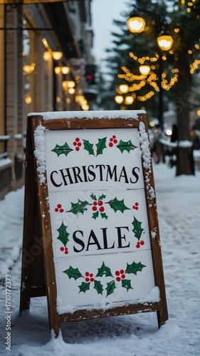 Festive Christmas sale sign decorated with holly, displayed on a snowy city street.