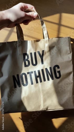 Eco-friendly reusable shopping bag with large printed text saying Buy Nothing in sunlight.