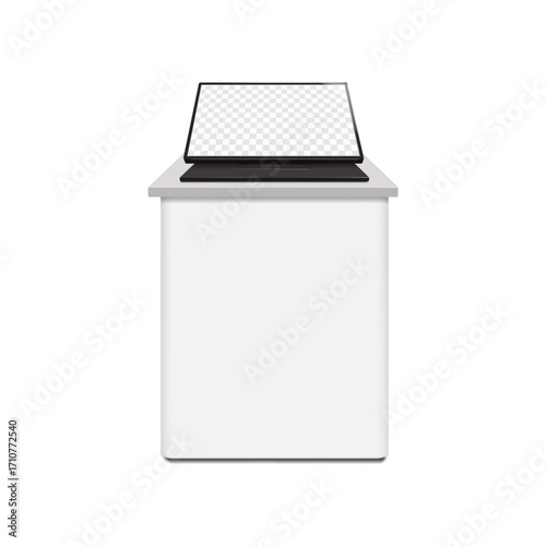 Touch screen self-service digital kiosk on white blank table. Realistic 3d vector mockup. Desktop interactive touchscreen retail display standing on desk. Mock-up. Empty LCD monitor screen. Template