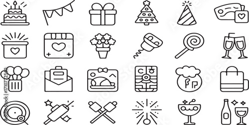 celebration, party, holiday, event, birthday, wedding, anniversary, gift, present, cake, balloon, fireworks, banner, calendar, invitation, champagne, decoration, festive, vector, line art, icons, symb