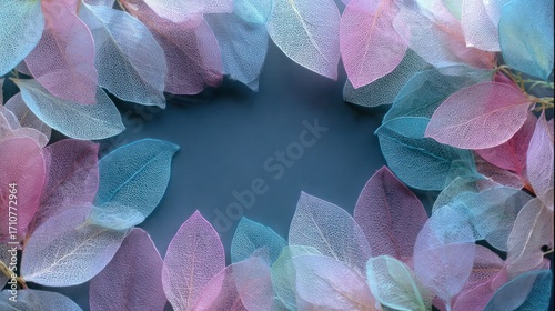 Pastel leaves frame a dark background, creating a soft and dreamy border with a touch of mystery and elegance