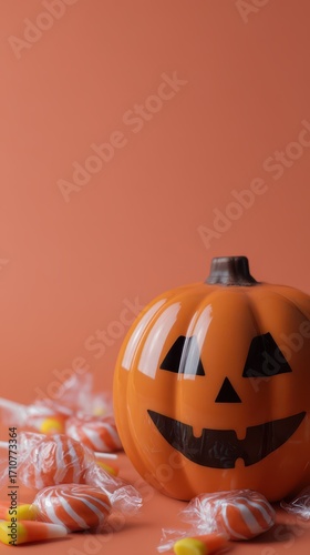 Bright orange pumpkin with spooky face and candy