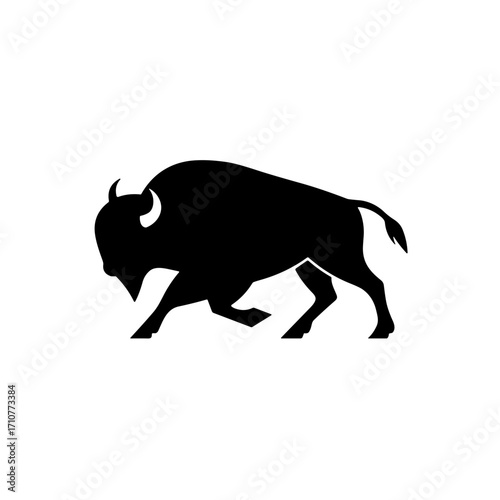 Black silhouette of running bison on white background